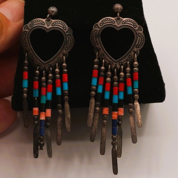 Sterling Silver Heart Feather Turquoise Coral Bead Earrings by QT - Picture 2 of 8